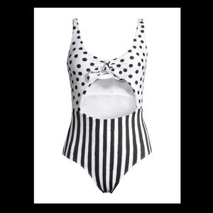 half polka dot half striped swimsuit